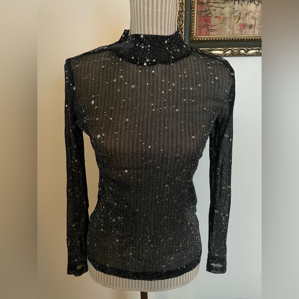 Mangopop Women’s Small Sheer Black Glitter Top - Picture 2 of 6